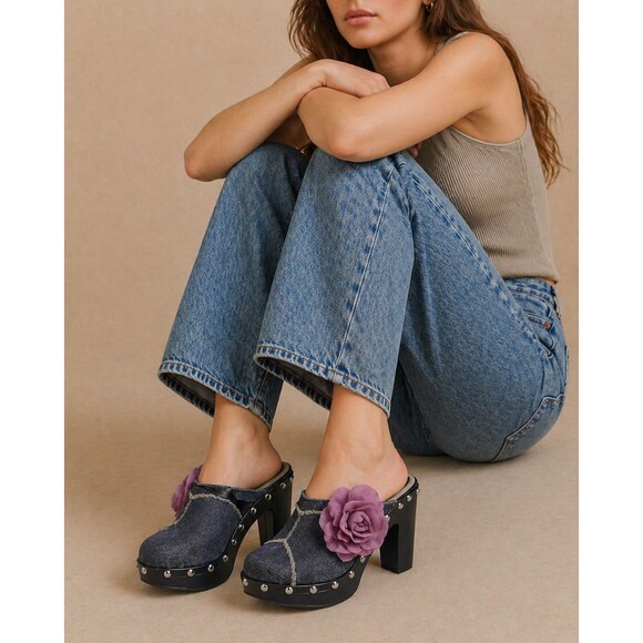 ShoeDazzle Shoes - ShoeDazzle Women’s Denim Floral Platform Heels  Open Toe Studded Mules  Sz 7